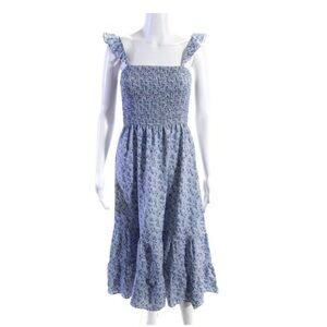 Storia Womens Floral Print Smocked Sleeveless Midi Dress Blue Size S